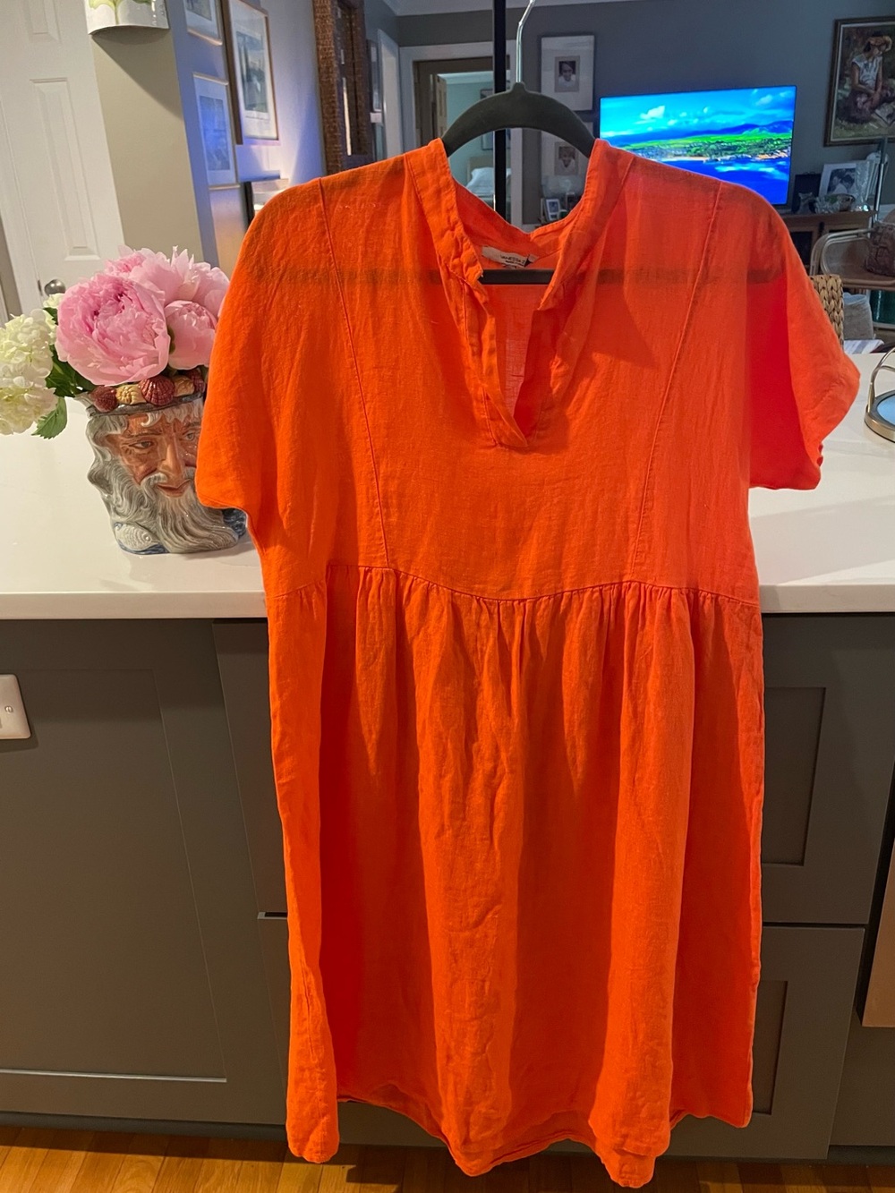 100% Linen Orange Short-Sleeve V-Neck Babydoll Dress Vanessa Zani